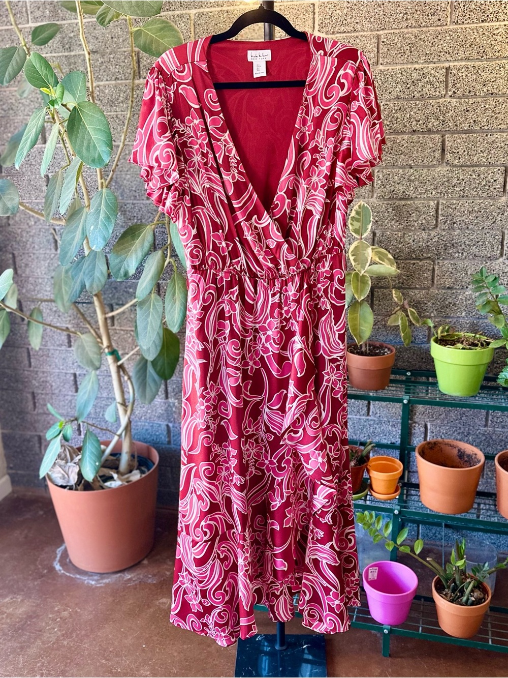 Nicole Miller New York Pink & Red Floral Ruffle Flutter Sleeve Wrap Dress